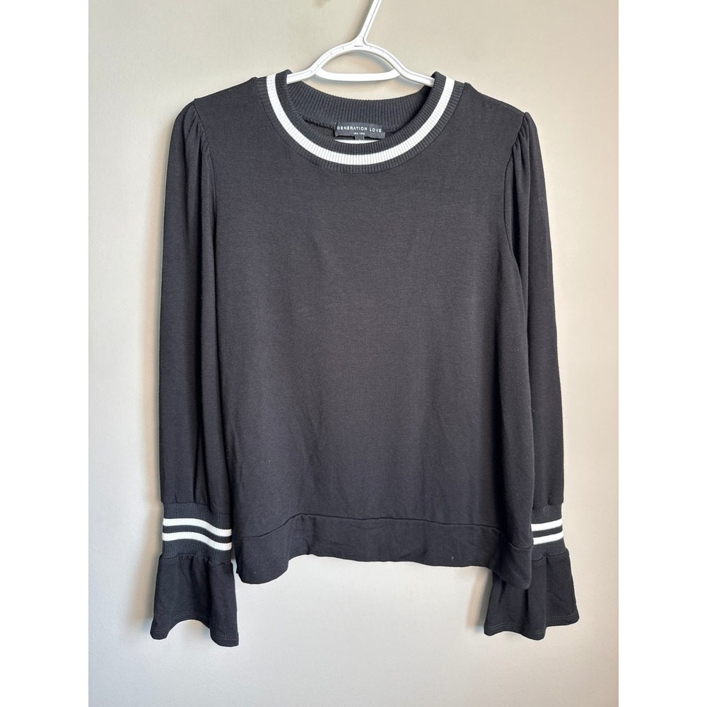 Generation Love Womens Black Stripe Trim Bell Cuff Sleeve Sweatshirt Small
